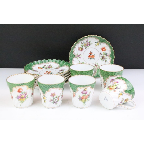 87 - Set of six Dresden coffee cups & saucers with hand painted floral decoration and gilt details on a s... 