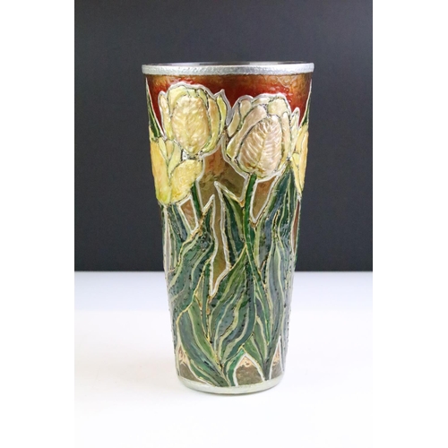 96 - Violeta Markovic tapering glass vase with moulded & painted floral detail, makers label to base, app... 