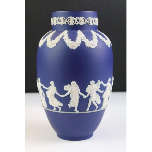 100 - Pair of late 19th / early 20th century Adams Tunstall blue vases decorated with classical maidens, a... 