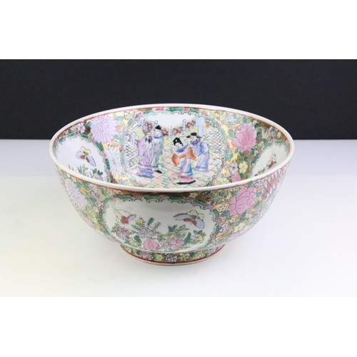 103 - Chinese Cantonese Famille Rose porcelain bowl of shaped form, with floral panels and bird / insect d... 