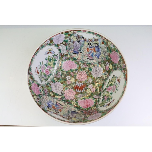 103 - Chinese Cantonese Famille Rose porcelain bowl of shaped form, with floral panels and bird / insect d... 