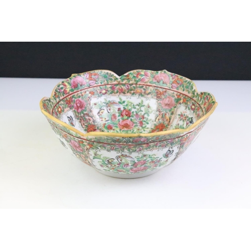 103 - Chinese Cantonese Famille Rose porcelain bowl of shaped form, with floral panels and bird / insect d... 