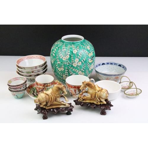 105 - Quantity of Oriental ceramics & collectables to include ginger jar / vase with blossom on a green gr... 