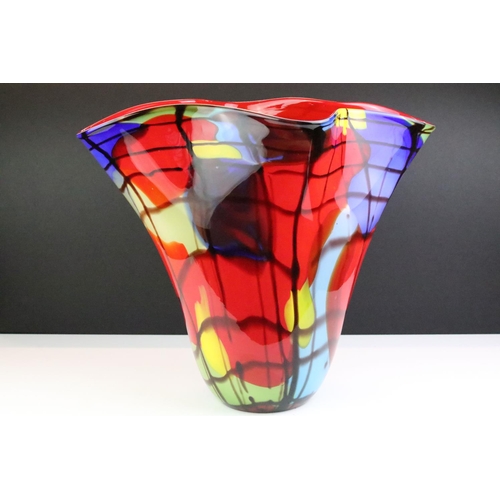 107 - Large vintage 1970s Murano studio art glass vase of fanned form with a red ground and layered colour... 