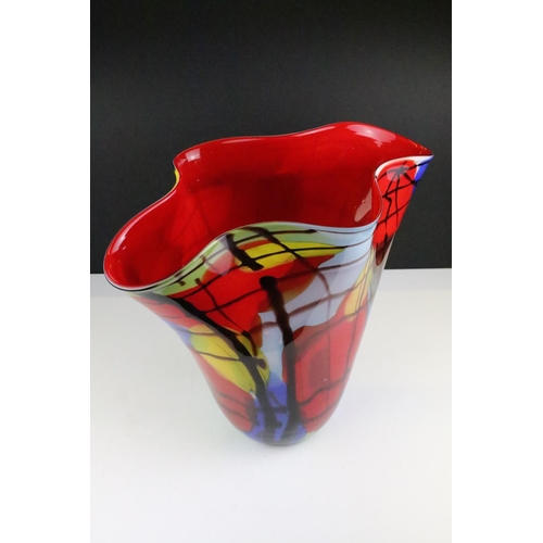 107 - Large vintage 1970s Murano studio art glass vase of fanned form with a red ground and layered colour... 