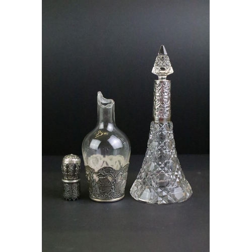 110 - Collection of 12 cut glass perfume bottles & jars to include silver collared & silver lidded example... 