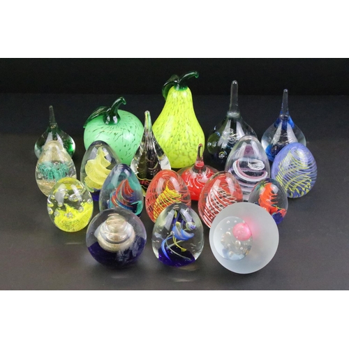 111 - 19 Domed, tear drop & fruit themed glass paperweights of various shapes, colours & size