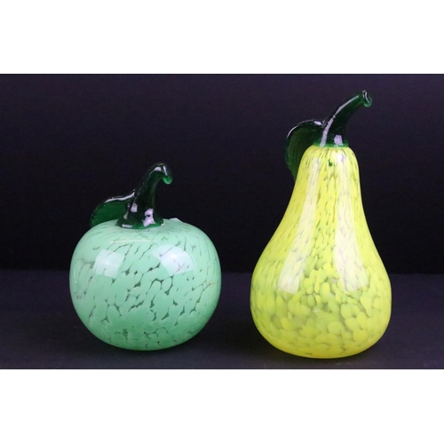 111 - 19 Domed, tear drop & fruit themed glass paperweights of various shapes, colours & size