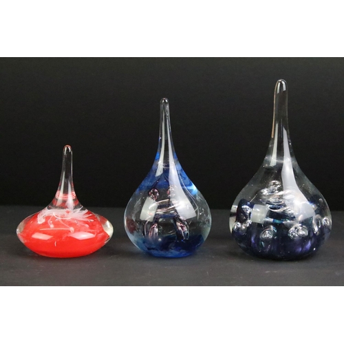 111 - 19 Domed, tear drop & fruit themed glass paperweights of various shapes, colours & size