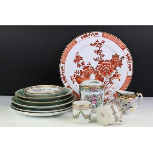 115 - Group of oriental ceramics to include three famille rose celadon glazed dishes with floral, bird & b... 