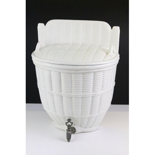 120 - Ceramic wall mounting wine flagon dispenser having a moulded basket weave exterior with tap to base.... 