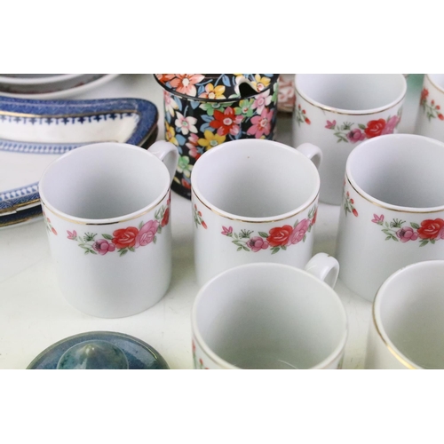 126 - Mixed ceramics to include Hammersley 'Strawberry Ripe' coffee cups, floral printed coffee cans & sau... 