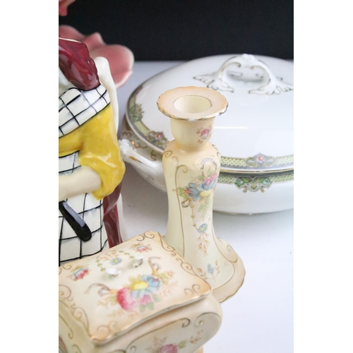 143 - Collection of ceramics to include a Crown Devon ivory blush dressing table set, two Myott & Sons dis... 