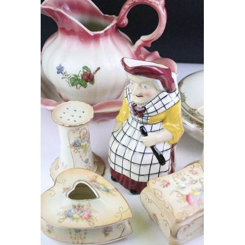 143 - Collection of ceramics to include a Crown Devon ivory blush dressing table set, two Myott & Sons dis... 