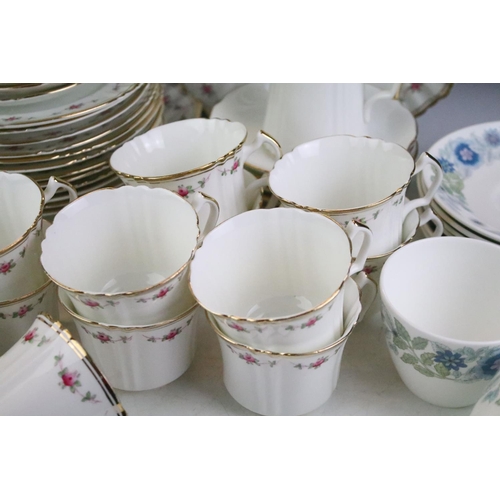 144 - Sandon Heathcote china tea service having a white ground with pink florals and a gilt rim, group of ... 