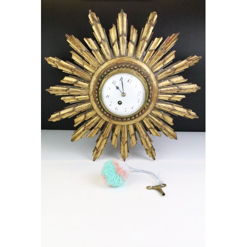 155 - 20th century starburst wall clock with white enamel dial and Japy Freres French movement, approx 41c... 