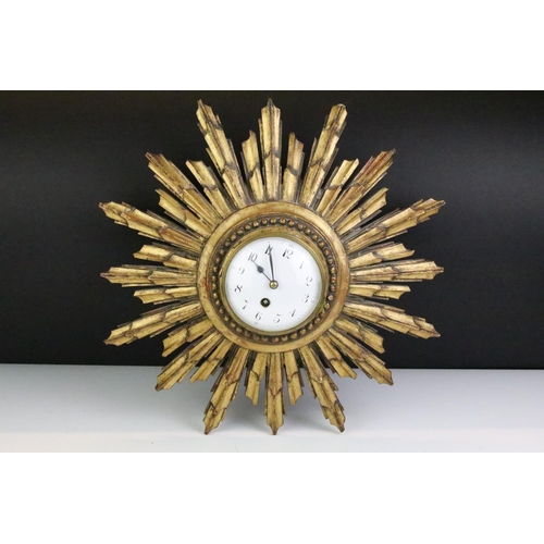 155 - 20th century starburst wall clock with white enamel dial and Japy Freres French movement, approx 41c... 