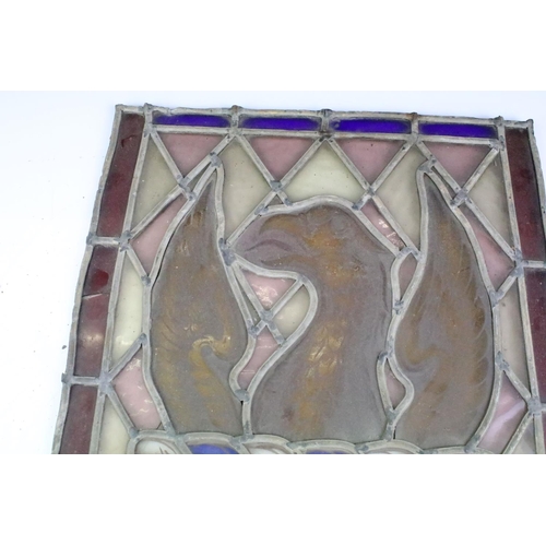 160 - Early 20th century leaded stained glass panel depicting a phoenix, with Latin inscription ' Alis Vol... 