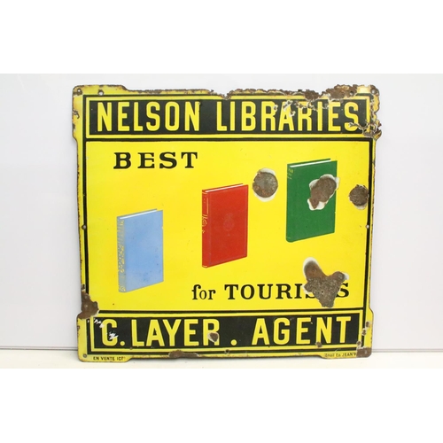 165 - ' Nelson Libraries - Best for Tourists ' early 20th century French enamel wall sign on yellow ground... 