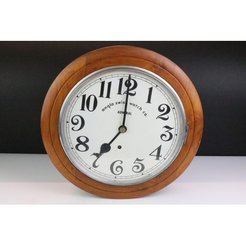 188 - Anglo Swiss Watch Co Admiral station style wall clock having a walnut case with white dial and arabi... 