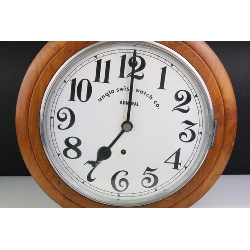 188 - Anglo Swiss Watch Co Admiral station style wall clock having a walnut case with white dial and arabi... 