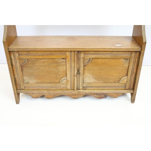 701 - Victorian oak wall hanging cabinet shelf having two shelves to top having twin door cabinet below. M... 