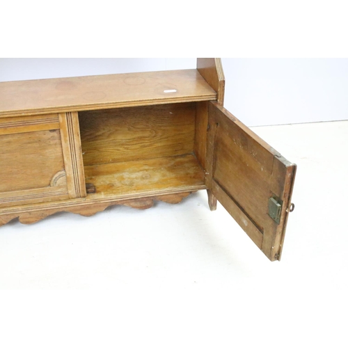 701 - Victorian oak wall hanging cabinet shelf having two shelves to top having twin door cabinet below. M... 