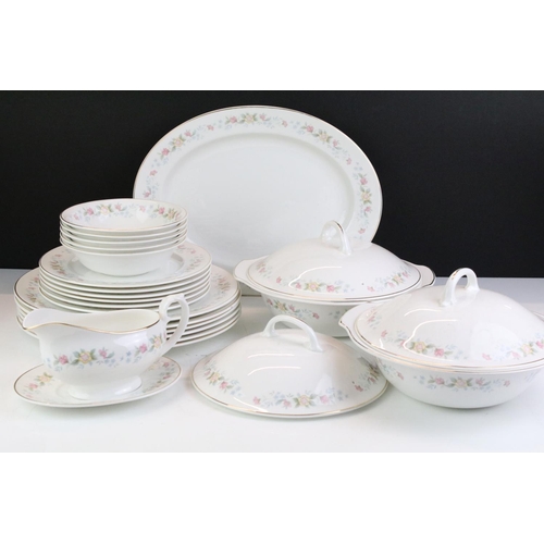 141 - Mayfair ceramic dinner service having a white ground with pink floral details to include lidded dish... 