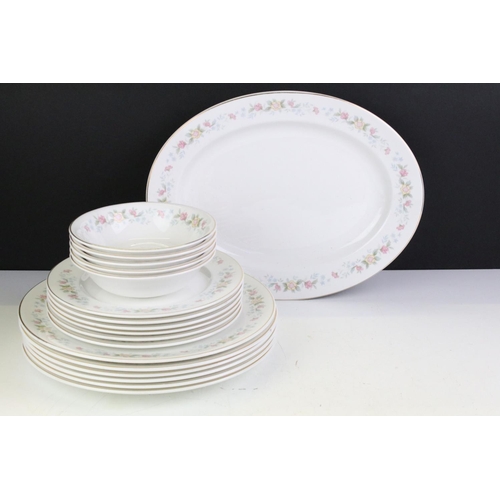 141 - Mayfair ceramic dinner service having a white ground with pink floral details to include lidded dish... 