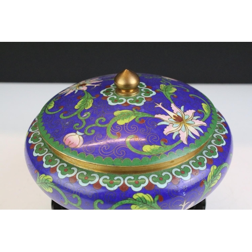 214 - Oriental champleve enamel cloisonne bowl with lid and wooden stand