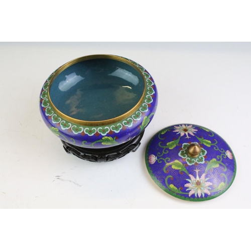 214 - Oriental champleve enamel cloisonne bowl with lid and wooden stand