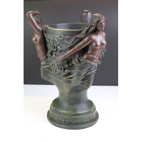 215 - 20th Century cast resin Art Nouveau style vase having three female figures to the sides with floral ... 