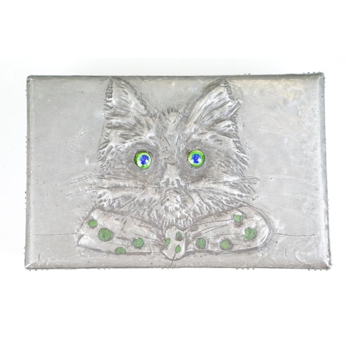 179 - Arts and Crafts Pewter embossed Box, the hinged lid decorated with cat wearing a bow tie with irides... 