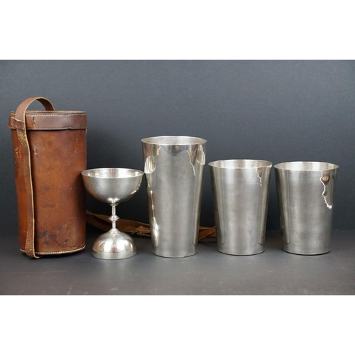 181 - Early 20th century set of Three Silver Plated Stacking Stirrup Cups and a Silver Plated Double Measu... 