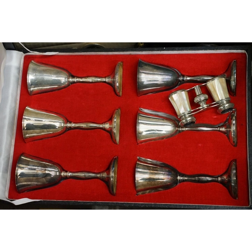 568 - Collection of mixed silver plate to include a cased set of goblets, mother of pearl opera glasses, w... 