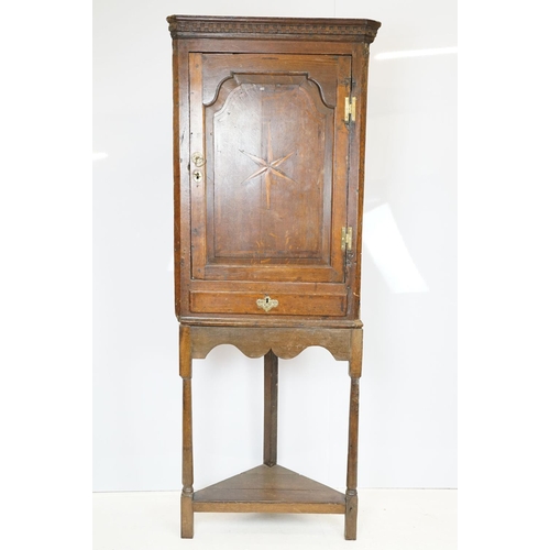 697 - Georgian oak corner cupboard, with dentil cornice above panelled door with parquetry geometric star ... 