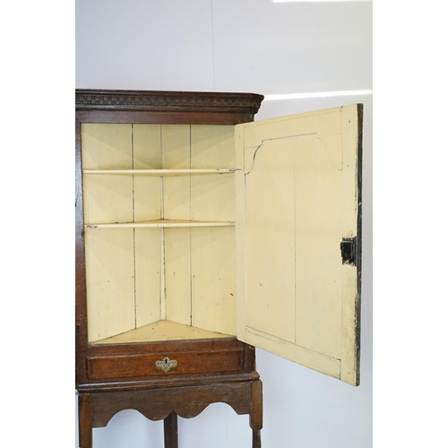 697 - Georgian oak corner cupboard, with dentil cornice above panelled door with parquetry geometric star ... 