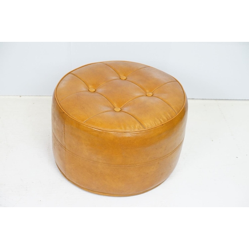 707 - Mid century Retro style Brown Leather effect Circular Pouffe with button top and bottom, 45cm diamet... 