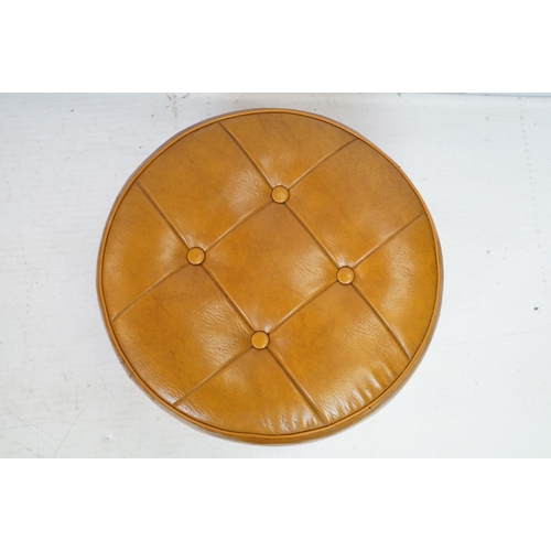 707 - Mid century Retro style Brown Leather effect Circular Pouffe with button top and bottom, 45cm diamet... 