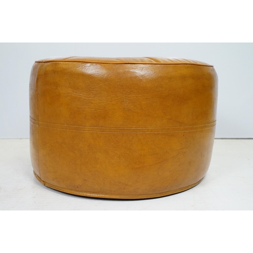 707 - Mid century Retro style Brown Leather effect Circular Pouffe with button top and bottom, 45cm diamet... 