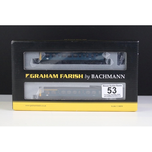 53 - Boxed Graham Farish by Bachmann N gauge 371-885 Class 108 Three Car DMU BR blue, complete
