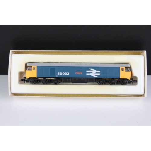 73 - Four boxed Graham Farish by Bachmann N gauge locomotives to include 372-975 Class 24 Diesel BR blue ... 