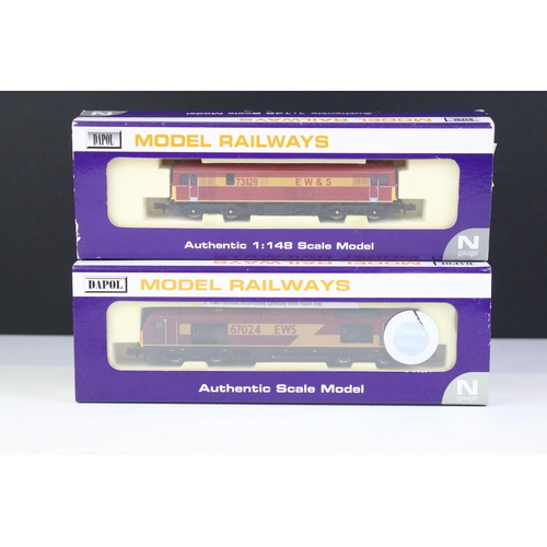 75 - Two cased Dapol N gauge locomotives ND005 CI.73 EW&S 73128 and ND-101F Class 67 67024 EWS maroon