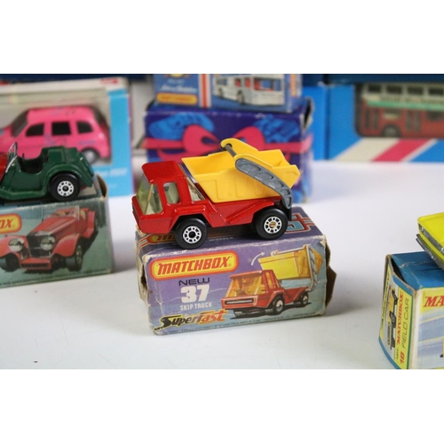 1080 - 21 Boxed and carded Matchbox models to include Matchbox Superfast 18 Field Car, 37 Skip Truck, Match... 