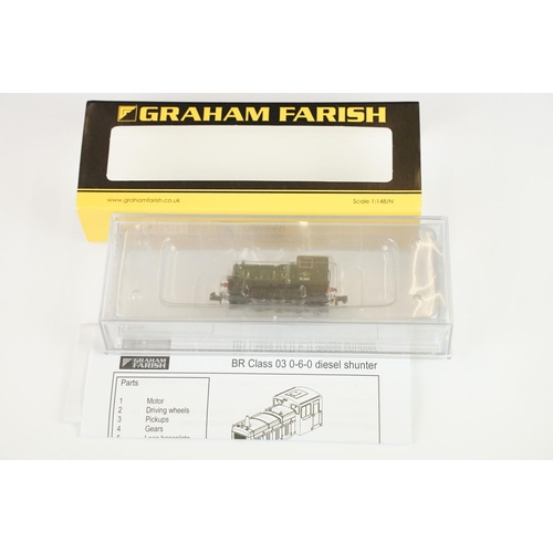 30 - Four cased Graham Farish by Bachmann N gauge locomotives to include 371-061 Class 03 Diesel Shunter ... 