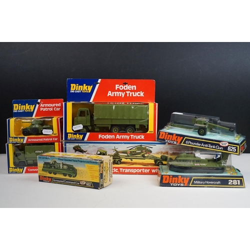 1223 - Seven boxed Dinky military diecast models to include 602 Armoured Command Car, 618 AEC Artic Transpo... 