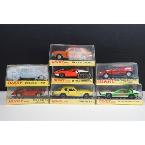 1225 - Seven boxed / cased Dinky diecast models to include 1415 Peugeot 504 in blue, 164 Mk4 Ford Zodiac in... 