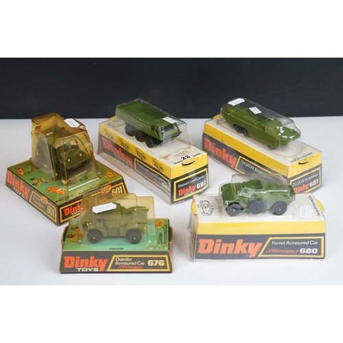 1208 - Five boxed Dinky military diecast models to include 601 Austin Para-Moke, 680 Ferret Armoured Car, 6... 