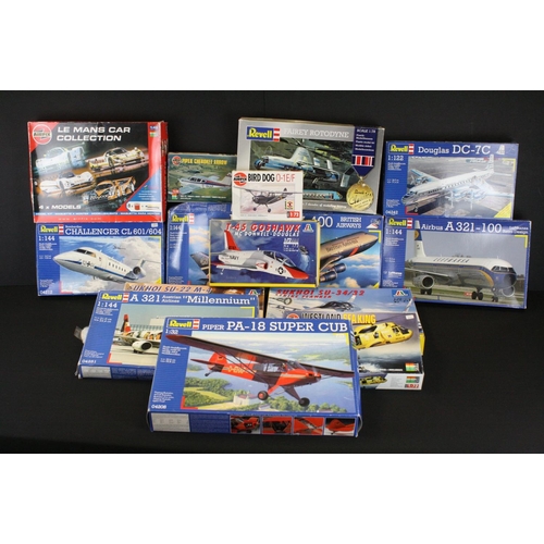 407 - 14 Boxed plastic model kits to include 7 x Revell (Douglas DC-7C, A321 Millennium, Fairey Rotodyne, ... 