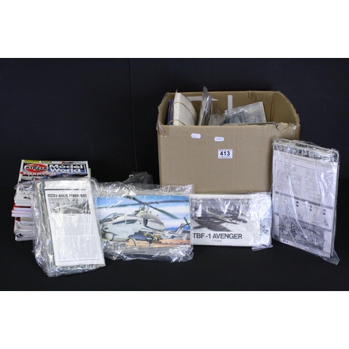 413 - Large collection of unbuilt plastic model kits, all rebagged with instructions and often cut out box... 